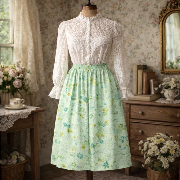 Dresses & Skirts - Vintage 1970’s green, home sewn, cottagecore, floral, spring, feminine, skirt